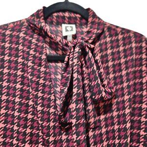 ANNE KLEIN VINTAGE PINK BLACK HOUNDSTOOTH V-NECK LONG SLEEVE BLOUSE W BOW  XL